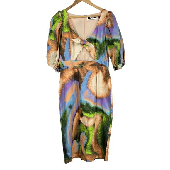 ROTATE BIRGER CHRISTENSEN NWT Cara printed midi dress Size 10 Cutout Puff Sleeve - Picture 3 of 13
